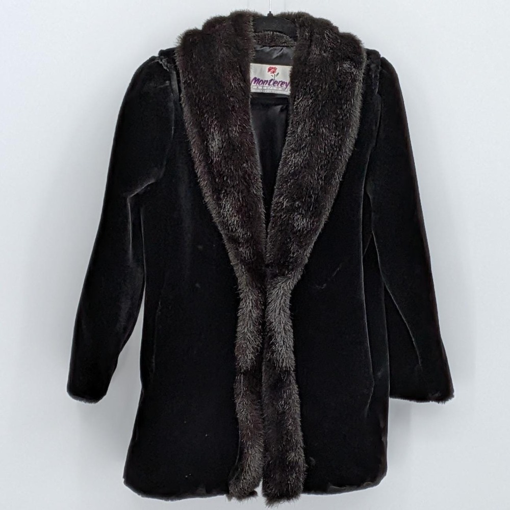 Vintage 80s Monterey Fashions Sz 14 $325 Black Velvet Faux Fur Shawl Collar Coat